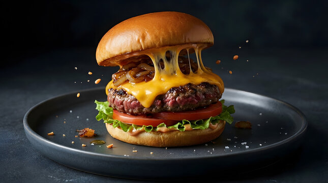 Cheeseburger with melted cheese pull for fast food and comfort food concept.