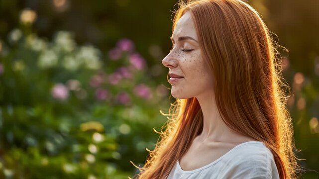close up slow motion of serene woman meditating outdoors with closed eyes, symbol of mindfulness, emotional balance, feminine beauty and calm awareness