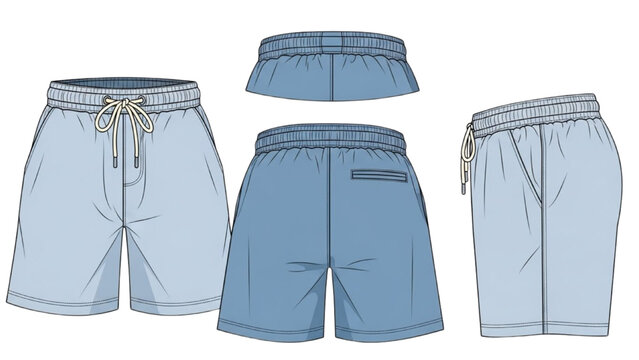 Illustration of various blue beach shorts with different waistbands and drawstrings from multiple viewpoints