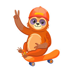 Obraz premium A cool brown sloth wearing a backward orange cap, slowly riding a skateboard and giving a peace sign.