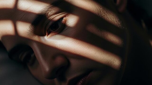 Dramatic Close-up of a Persons Face with Striking Light and Shadow Patterns.