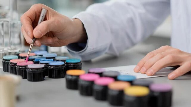 Medium shot focusing on a researcher applying plantbased pigments on paper samples with workspace equipment blurred softly in the background highlighting sustainable color testing.