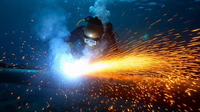 Underwater welding process at deep sea location by trained professional diver