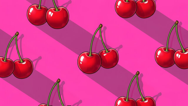 A vibrant image featuring cherries in a repeating pattern on a pink background captured from a top viewpoint, reference image (8).jpg