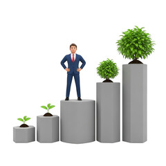Businessman standing on growing bar chart with plants isolated on a transparent background