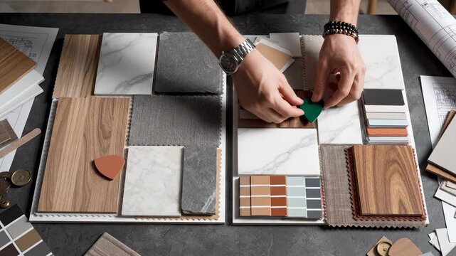 A person selecting various material samples for a construction project on a gray tabletop with papers and coins