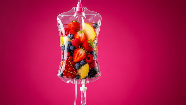 Fresh mixed berries and fruits suspended in a medical IV drip bag on a vibrant red background