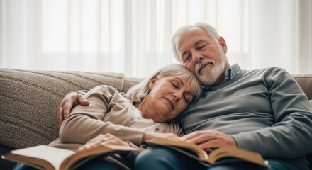 Obraz premium Elderly couple relaxing reading books on sofa cozy lifestyle moment