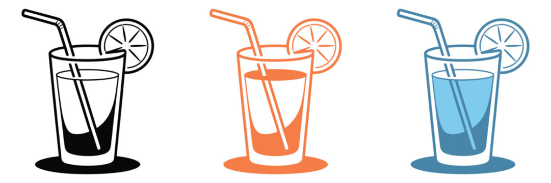 Colorful glasses of drinks with straws and lemon, cocktail and beverage vector icon set, including thin line classic alcoholic cocktails, ideal for menus, bar design, packaging, and professional 