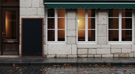 Naklejka premium Chalkboard sign outside stone building door with awning urban street scene