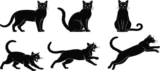 Black Cat Silhouette Vector Illustration Set, Domestic Feline Poses Including Jumping Running Sitting and Hissing, Halloween Pet Animal Graphic Design © TAZMIN