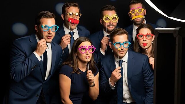Group of colleagues posing for a fun photo booth picture at a corporate event.