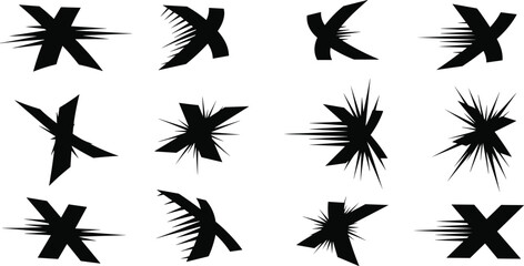 Abstract X shapes, graphic distortion, black silhouette grid, visual pattern, design elements, artistic form study, creative icon set