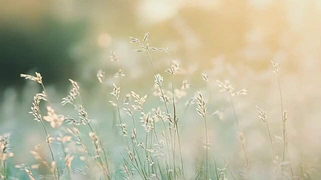 Delicate wild grass glowing in soft morning sunlight creates a serene natural backdrop, symbolizing tranquility, freshness, and the beauty of spring or summer