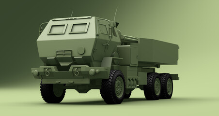 Obraz premium 3D studio render of a green multi-axle military truck with a rocket-launcher module, shown from a low three-quarter front angle on a soft gradient green background.