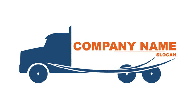 A blue semi-truck logo with orange text on a white background