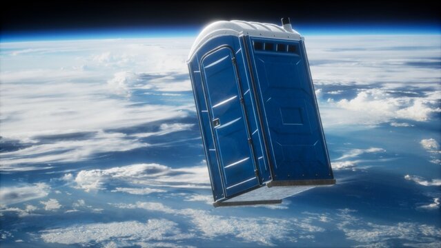 A bright blue portable restroom drifts peacefully in the vastness of space, surrounded by fluffy white clouds and the curved horizon of Earth.