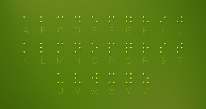 Clean educational poster of the English Braille alphabet: raised lime-green dot cells paired with A&ndash;Z letters on a soft green gradient backdrop with subtle shadows.