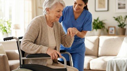 Obraz premium Elderly woman sitting wheelchair assisted nurse helping indoors