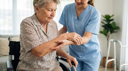 Obraz premium Elderly woman receiving physical therapy helping movement healthcare