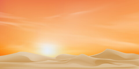 Sunrise over sand dunes in desert,Beautiful Arabian landscape illustration.Stunning desert Sunset orange sky for Ramadan Kareem banner,Middle Eastern travel theme © Anchalee