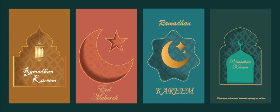 Islamic, oriental, silhouette frame. Geometric Arabic background. Ramadan Kareem concept. Mosque, moon, stars, ornaments, patterns, calligraphy signs. Paper cut style. eps 10