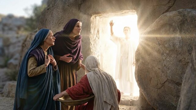 Women at the tomb of jesus with an angel. biblical narrative, resurrection scene for christianity concept. new testament.