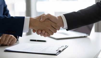 Two business professionals shaking hands in agreement over a contract on a table with a laptop nearby in a bright office setting from a close-up viewpoint