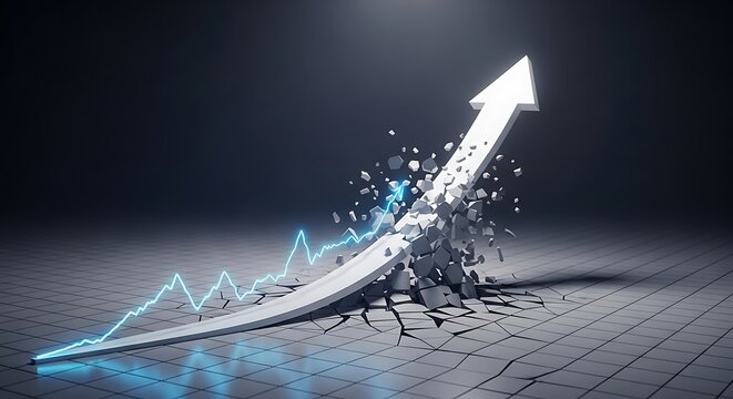 Large white upward arrow breaking through a blue line graph on a grid floor