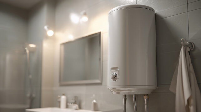 A white hot water heater is mounted on a wall in a bathroom