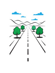 Fototapeta premium Roadway with trees on both sides leading to distant hills silhouette
