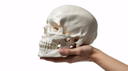 Obraz premium Hand holding human skull model on white background