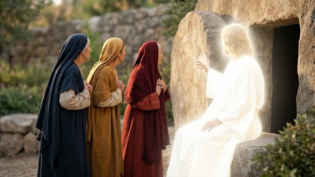 Three women discover glowing man at empty tomb, reacting with shock and awe, concept for resurrection story