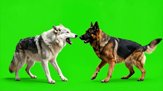 Wolf and German Shepherd Dog Confrontation on Green Screen Background.