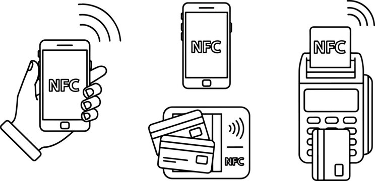 Near Field Communication payment technology icons showing smartphone tapping card and payment terminal with NFC chip symbol