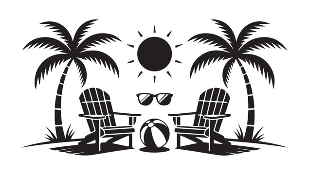 Adirondack chairs under palm trees with sun sunglasses and beach ball vector summer beach scene