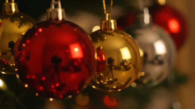 Christmas ornaments hanging from a tree, showcasing vibrant red, gold, and silver decorations in a festive setting with bokeh lights