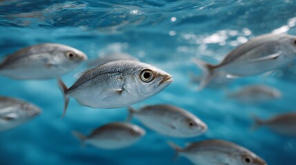 Fototapeta premium A school of fish swims in clear blue ocean water with sunlight filtering through the surface