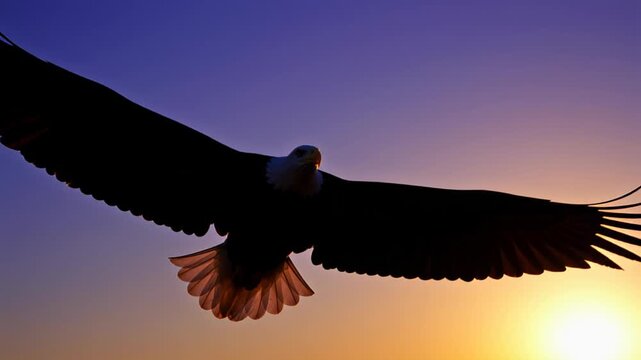 Eagle soars through the sky at sunset over a quiet landscape