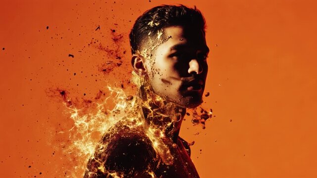 A silhouette of a person filled with fiery textures against an orange background, evoking themes of passion and intensity