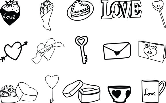 A vector collection of romantic and lovely black and white doodles and icons bundles.