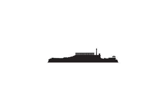 Alcatraz island black silhouette, famous penitentiary and historic site in San Francisco
