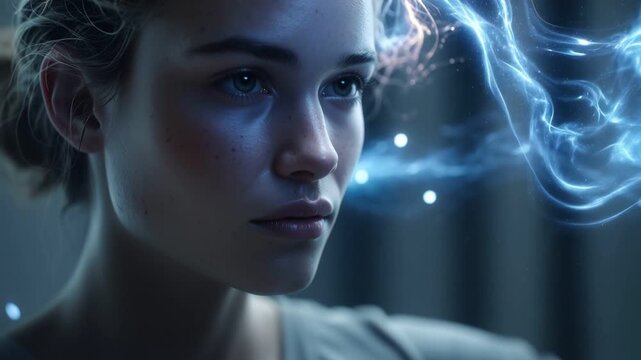 Close Up of Young Woman Face with Blue Mental Energy Waves