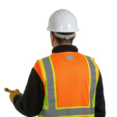 Worker in orange safety vest and white helmet from behind isolated on a transparent background