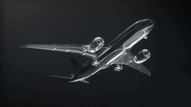 3D render of a transparent glass Boeing 787 depicted in an upward flight angle over a dark textured surface.