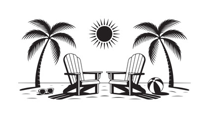 Summer beach vacation illustration with two palm trees, bright sun, beach chairs, sunglasses, and a striped ball © MST