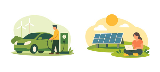 Fototapeta premium Eco friendly lifestyle illustration with electric car charging station. Sustainable transport and green energy concept