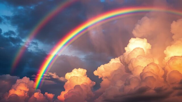 Vibrant rainbow arches across dramatic sunset sky with glowing orange and pink clouds, creating magical atmospheric scene against deep blue background