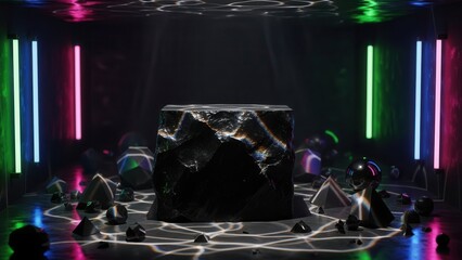 Dark crystal cube surrounded by neon lights and rocks