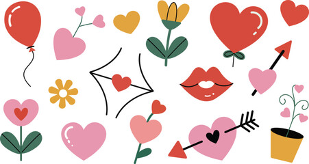 Valentine&rsquo;s Day Love Doodle Icons Set with Hearts, Flowers and Romantic Symbols